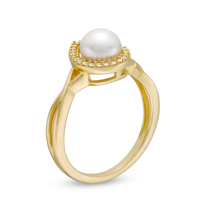 Main Image 3 of Freshwater Cultured Pearl and White Lab-Created Sapphire Frame Twist Shank Ring in Sterling Silver with 10K Gold Plate