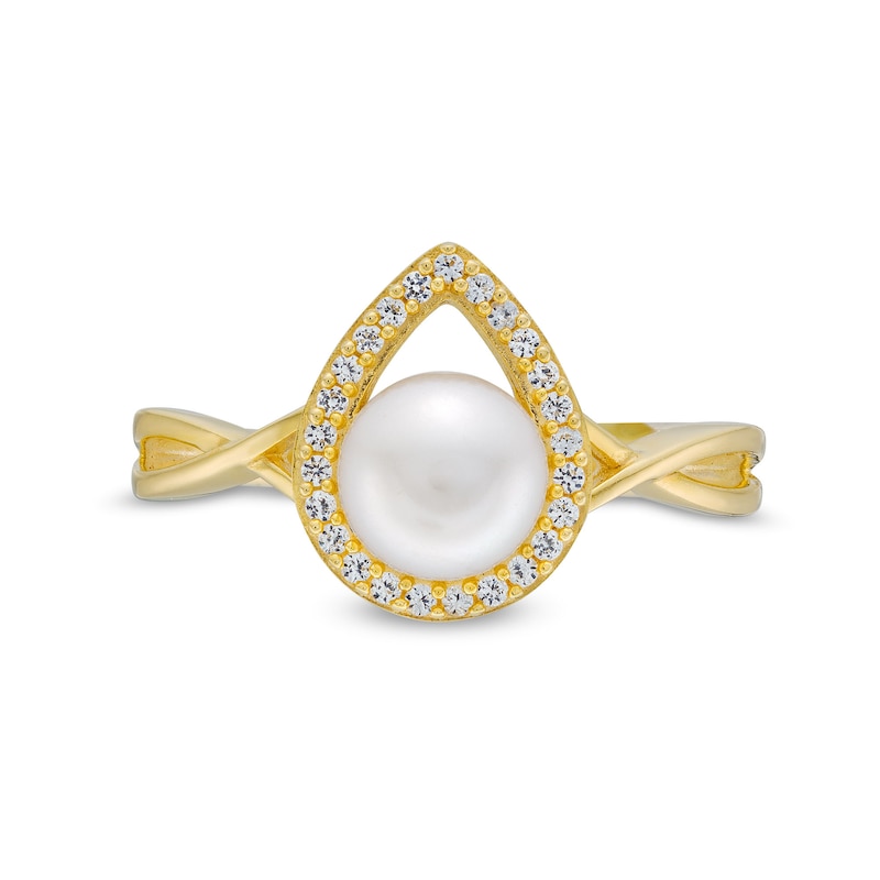 Main Image 4 of Freshwater Cultured Pearl and White Lab-Created Sapphire Frame Twist Shank Ring in Sterling Silver with 10K Gold Plate