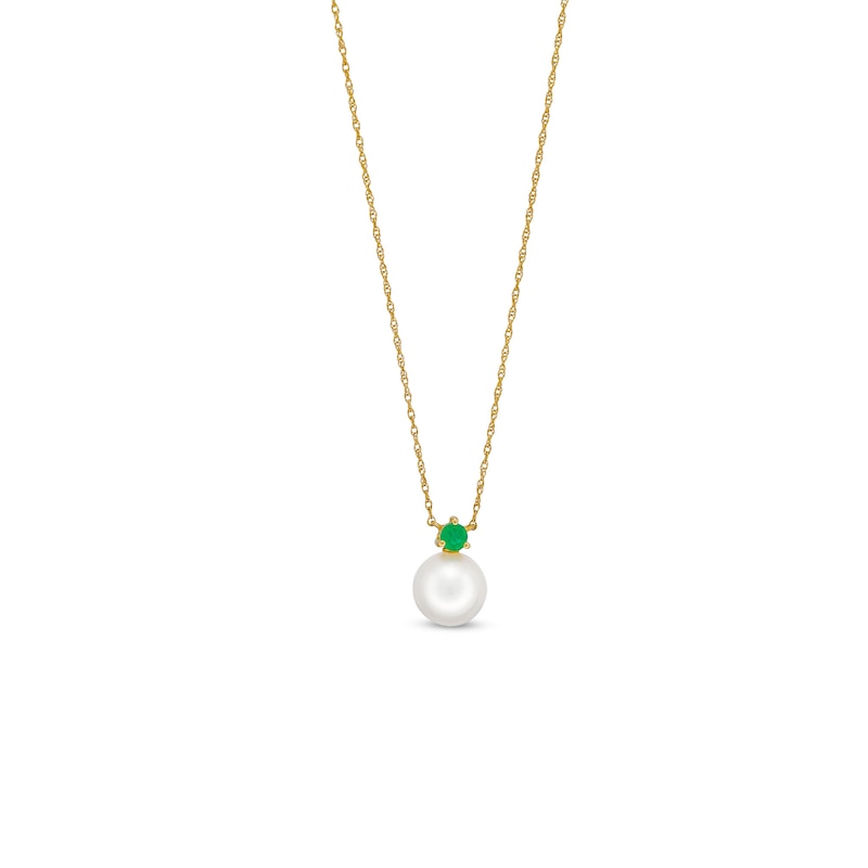 Main Image 1 of 8.0mm Freshwater Cultured Pearl and Emerald Stacked Duo Pendant in 10K Gold