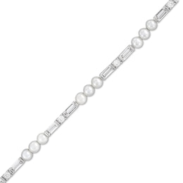Freshwater Cultured Pearl and White Lab-Created Sapphire Alternating Line Bracelet in Sterling Silver-7.25”