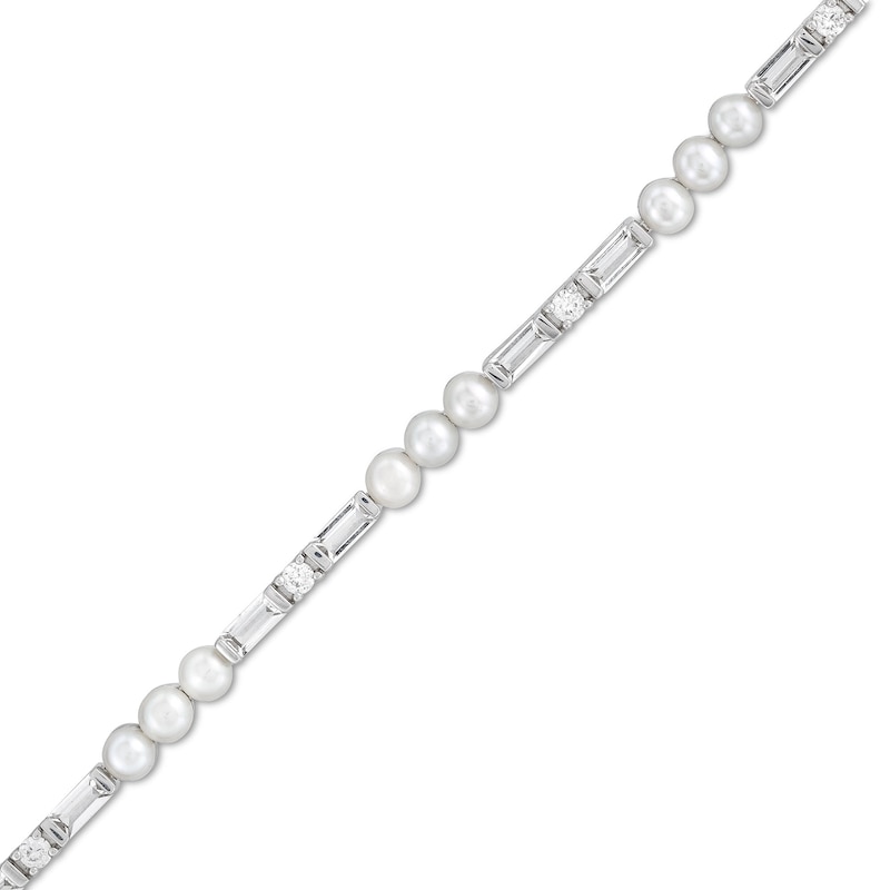 Freshwater Cultured Pearl and White Lab-Created Sapphire Alternating Line Bracelet in Sterling Silver-7.25”