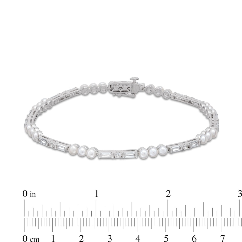 Main Image 4 of Freshwater Cultured Pearl and White Lab-Created Sapphire Alternating Line Bracelet in Sterling Silver-7.25”