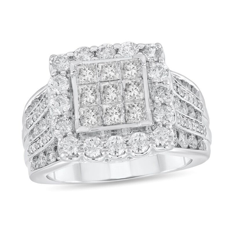 Main Image 1 of 2-3/8 CT. T.W. Princess-Cut Multi-Diamond Scallop Frame Multi-Row Engagement Ring in 10K White Gold