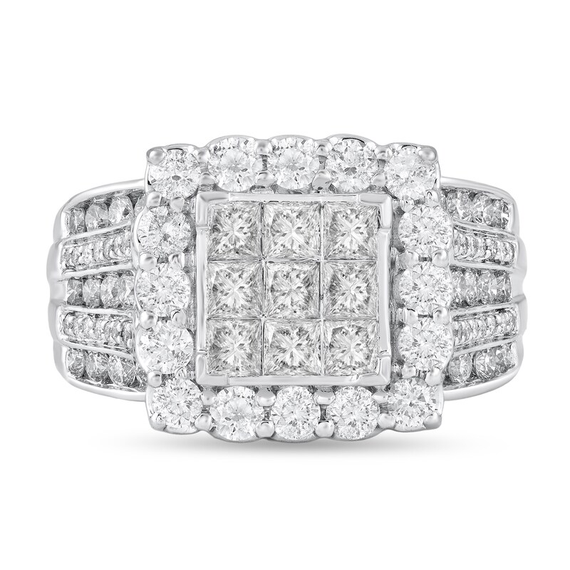 Main Image 3 of 2-3/8 CT. T.W. Princess-Cut Multi-Diamond Scallop Frame Multi-Row Engagement Ring in 10K White Gold