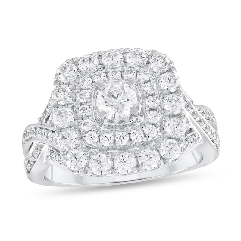 Main Image 1 of 1-1/2 CT. T.W. Diamond Double Cushion Frame Multi-Row Crossover Split Shank Engagement Ring in 14K White Gold