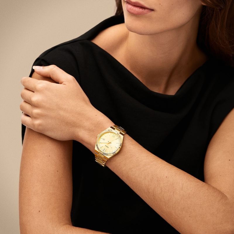 Main Image 4 of Ladies’ Fossil Scarlette Gold-Tone IP Watch with Gold-Tone Dial and Coin-Edge Bezel (Model: ES5299)