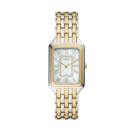 Ladies’ Fossil Raquel Crystal Accent Two-Tone IP Watch with Rectangular Mother-of-Pearl Dial (Model: ES5305)