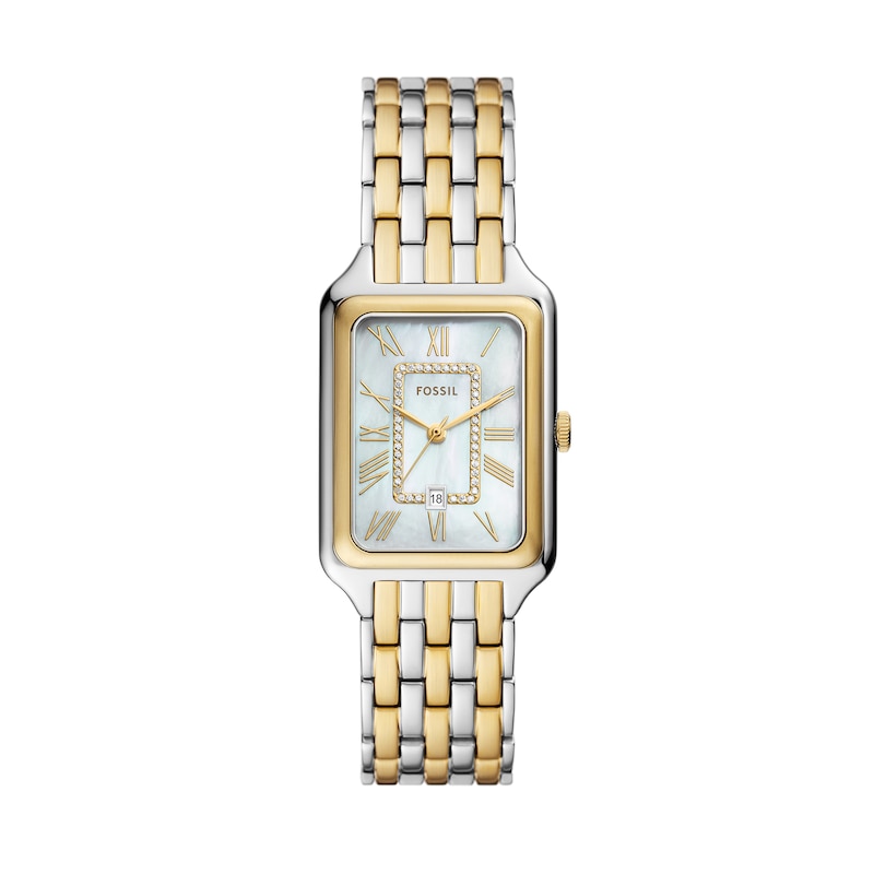 Main Image 1 of Ladies’ Fossil Raquel Crystal Accent Two-Tone IP Watch with Rectangular Mother-of-Pearl Dial (Model: ES5305)