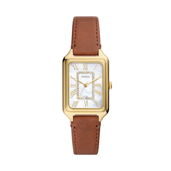 Ladiesâ Fossil Raquel Crystal Accent Gold-Tone IP Strap Watch With Rectangular Mother-of-Pearl Dial (Model: ES5307)