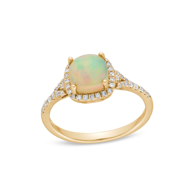 7.0mm Cushion-Cut Opal and 1/5 CT. T.W. Diamond Frame Split Shank Ring in 10K Gold