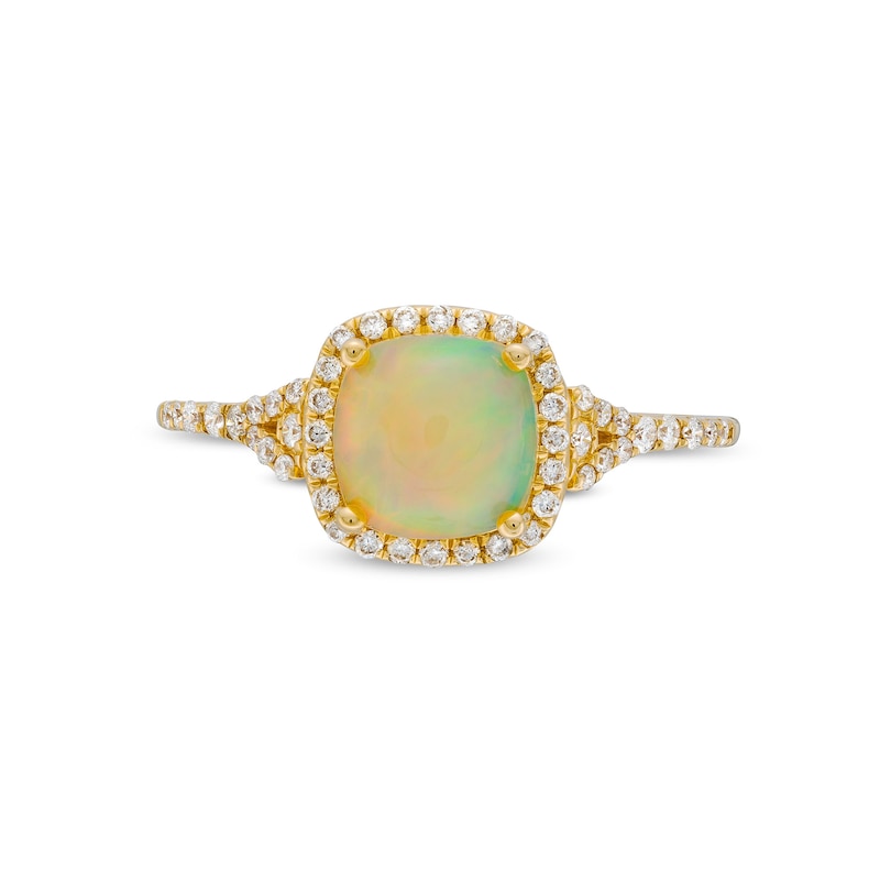 7.0mm Cushion-Cut Opal and 1/5 CT. T.W. Diamond Frame Split Shank Ring in 10K Gold