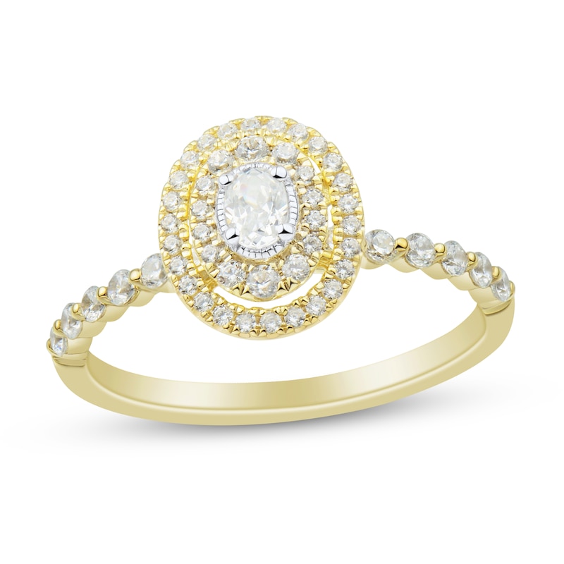 Main Image 1 of 1/2 CT. T.W. Oval Diamond Double Frame Bubble Shank Engagement Ring in 14K Gold