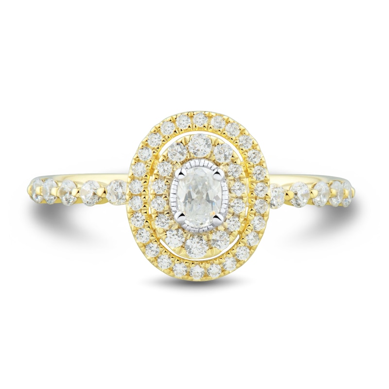 Main Image 2 of 1/2 CT. T.W. Oval Diamond Double Frame Bubble Shank Engagement Ring in 14K Gold