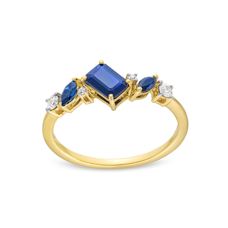 Main Image 1 of Emerald and Marquise-Cut Blue Sapphire with 1/10 CT. T.W. Diamond Tilted Ring in 10K Gold