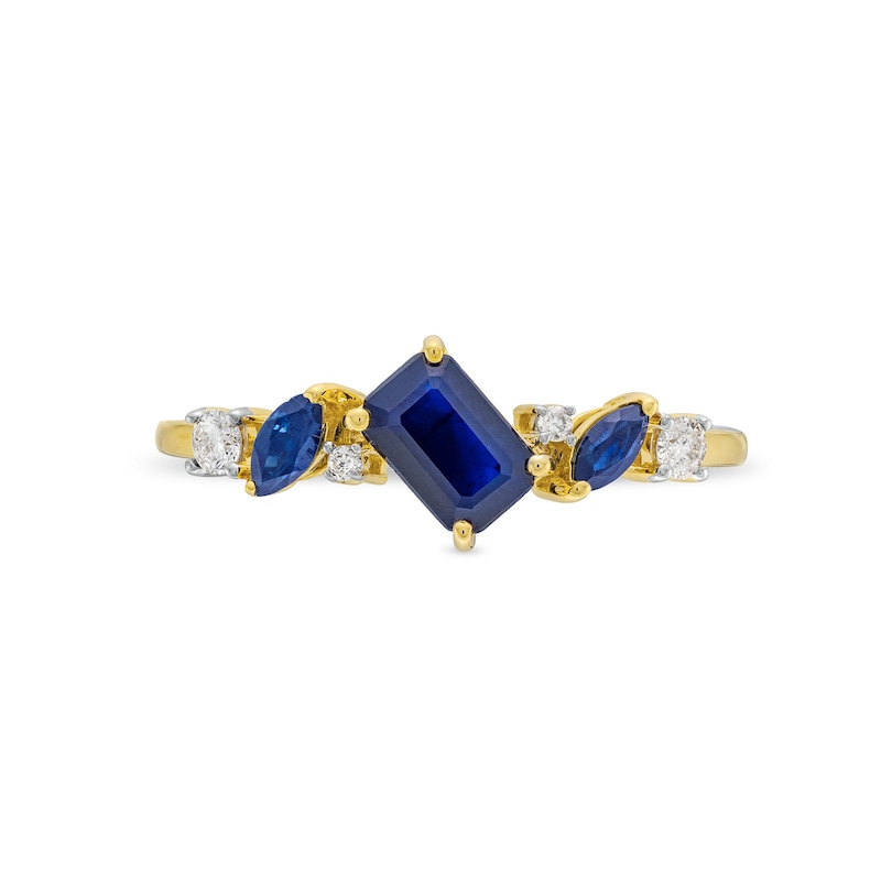 Main Image 4 of Emerald and Marquise-Cut Blue Sapphire with 1/10 CT. T.W. Diamond Tilted Ring in 10K Gold