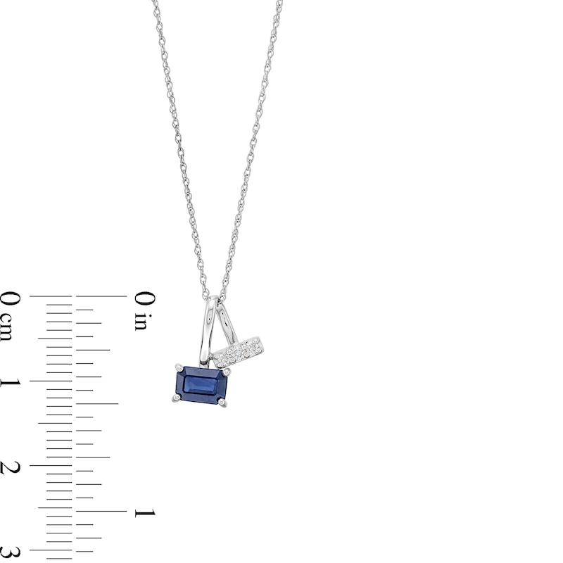 Main Image 3 of Emerald-Cut Blue Sapphire and 1/20 CT. T.W. Diamond Split Bail Pendant in 10K White Gold