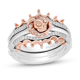 Enchanted Disney Belle 1/5 CT. T.W. Diamond Rose and Crown Three Piece Ring Set in Sterling Silver and 10K Rose Gold