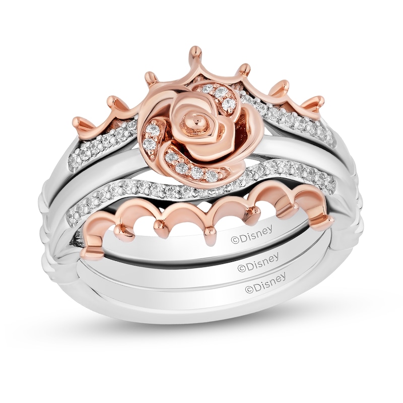 Main Image 1 of Enchanted Disney Belle 1/5 CT. T.W. Diamond Rose and Crown Three Piece Ring Set in Sterling Silver and 10K Rose Gold