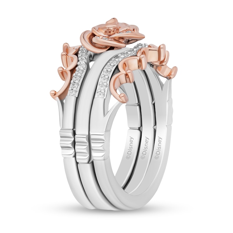 Main Image 2 of Enchanted Disney Belle 1/5 CT. T.W. Diamond Rose and Crown Three Piece Ring Set in Sterling Silver and 10K Rose Gold