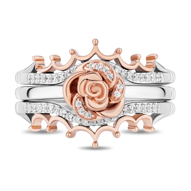 Main Image 3 of Enchanted Disney Belle 1/5 CT. T.W. Diamond Rose and Crown Three Piece Ring Set in Sterling Silver and 10K Rose Gold