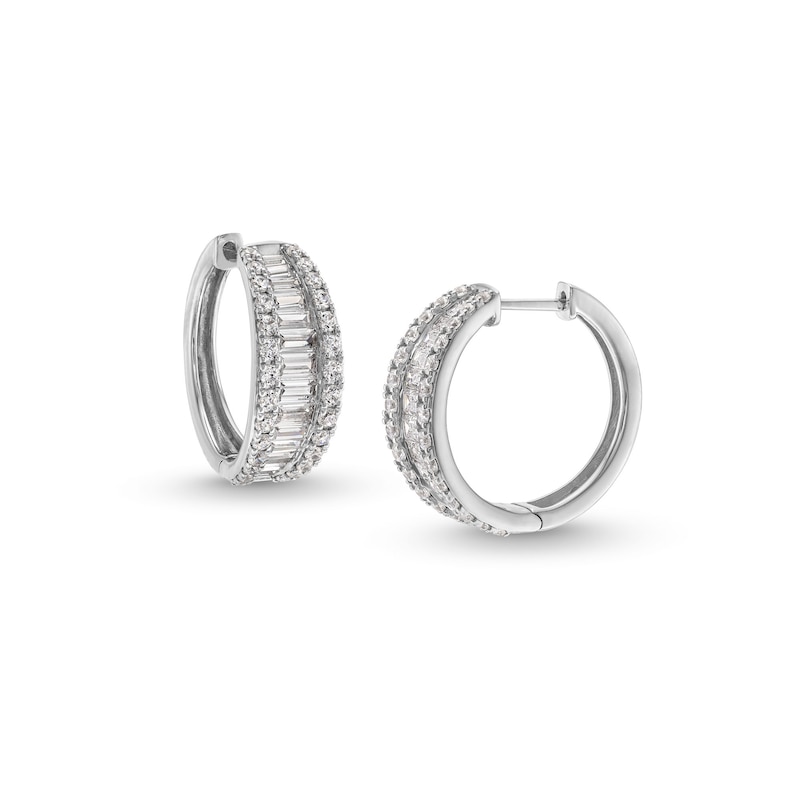 Main Image 1 of 2 CT. T.W. Baguette and Round Certified Lab-Created Diamond Triple Row Hoop Earrings in 14K White Gold (F/SI2)