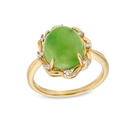 Oval Jade and 1/15 CT. T.W. Diamond Alternating Frame Ring in 14K Gold