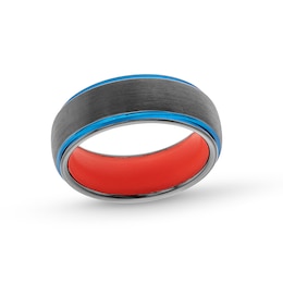 8.0mm Multi-Finish Stepped Edge Wedding Band in Two-Tone Tungsten and Orange Silicone - Size 10