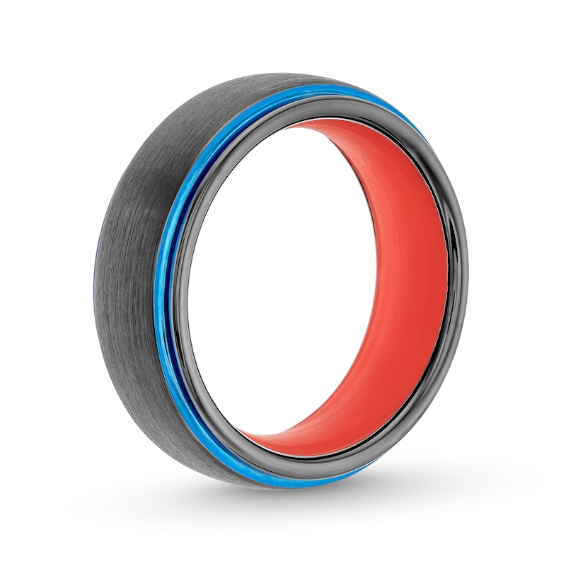 Main Image 2 of 8.0mm Multi-Finish Stepped Edge Wedding Band in Two-Tone Tungsten and Orange Silicone - Size 10