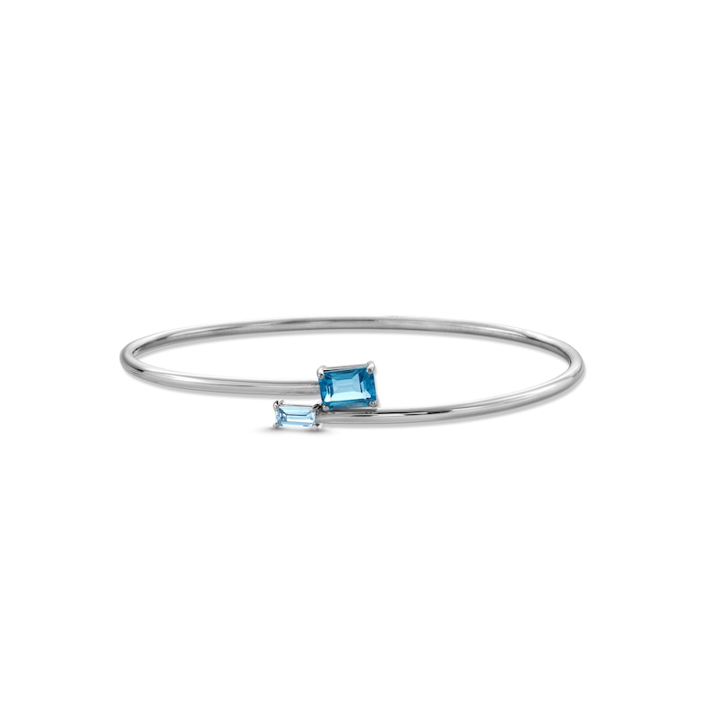 Main Image 1 of Emerald-Cut Swiss Blue Topaz and Baguette White Topaz Bypass Bangle in Sterling Silver - 7.13&quot;