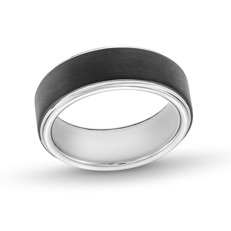 Main Image 1 of 8.0mm Satin Center Stepped Edge Wedding Band in Tungsten with Black IP and Silicone - Size 10