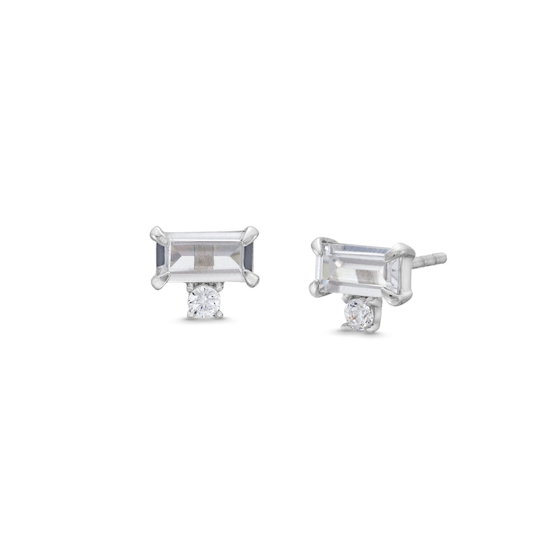 Main Image 1 of Baguette and Round White Lab-Created Sapphire Stacked Duo Stud Earrings in 10K White Gold