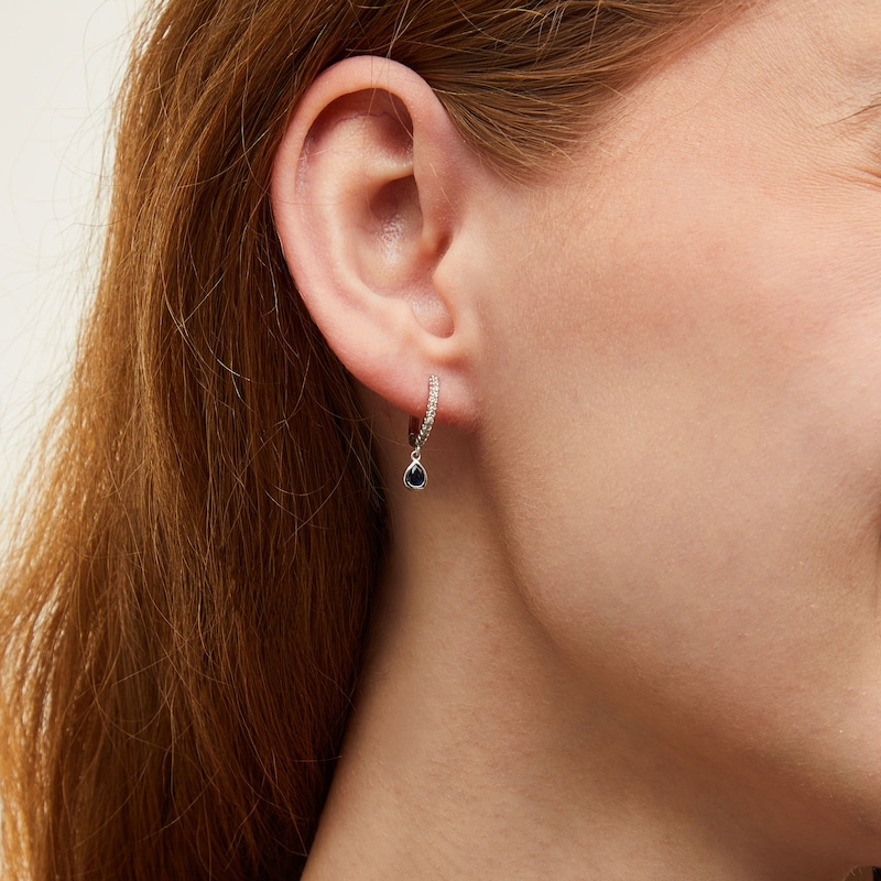 Pear-Shaped Blue Sapphire and 1/8 CT. T.W. Diamond Dangle Hoop Earrings in 10K White Gold