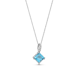 7.0mm Tilted Princess-Cut Swiss Blue Topaz and 1/20 CT. T.W. Diamond Twist Bail Pendant in 10K White Gold