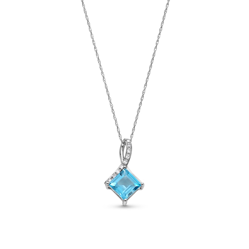 Main Image 1 of 7.0mm Tilted Princess-Cut Swiss Blue Topaz and 1/20 CT. T.W. Diamond Twist Bail Pendant in 10K White Gold