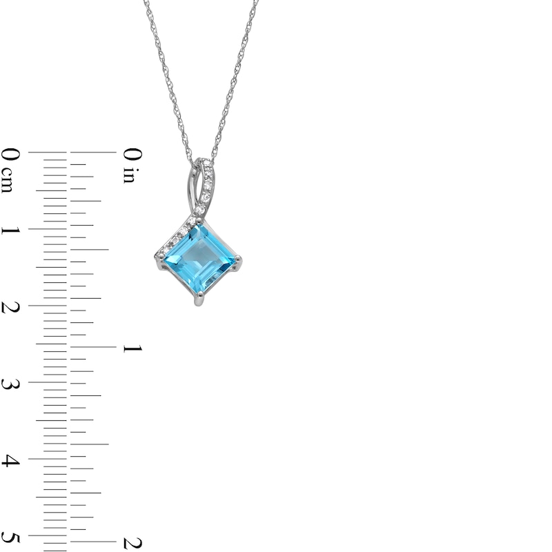 Main Image 3 of 7.0mm Tilted Princess-Cut Swiss Blue Topaz and 1/20 CT. T.W. Diamond Twist Bail Pendant in 10K White Gold