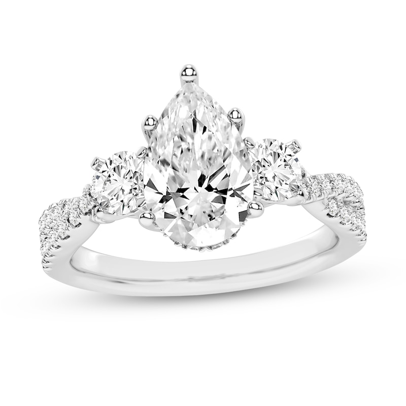 Main Image 1 of 2-3/4 CT. T.W. Pear-Shaped Certified Lab-Created Diamond Three Stone Engagement Ring in 14K White Gold (F/SI2)