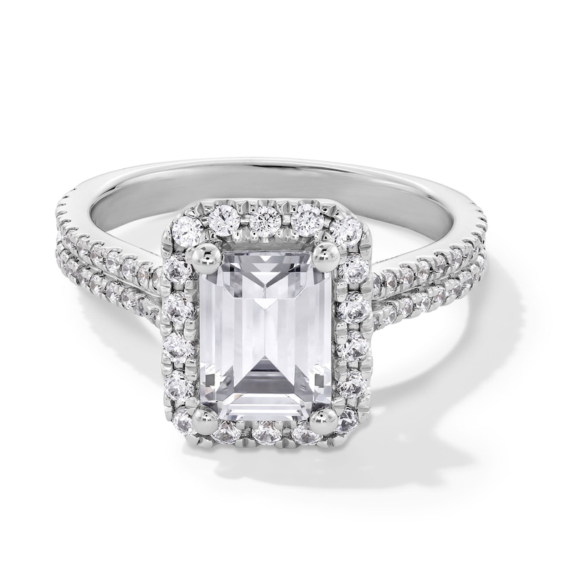 Main Image 1 of 2-5/8 CT. T.W. Emerald-Cut Certified Lab-Created Diamond Frame Double Row Engagement Ring in 14K White Gold (F/SI2)