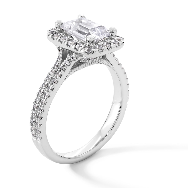 Main Image 3 of 2-5/8 CT. T.W. Emerald-Cut Certified Lab-Created Diamond Frame Double Row Engagement Ring in 14K White Gold (F/SI2)