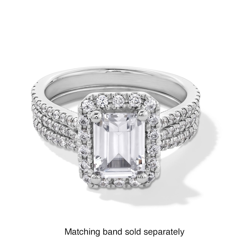 Main Image 5 of 2-5/8 CT. T.W. Emerald-Cut Certified Lab-Created Diamond Frame Double Row Engagement Ring in 14K White Gold (F/SI2)