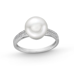 9.0mm Freshwater Cultured Pearl and 1/10 CT. T.W. Diamond Double Row Shank Ring in 10K White Gold