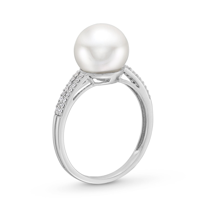 Main Image 3 of 9.0mm Freshwater Cultured Pearl and 1/10 CT. T.W. Diamond Double Row Shank Ring in 10K White Gold