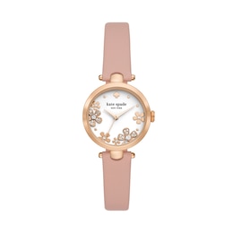Ladies' Kate Spade Holland Crystal Accent Flower Rose-Tone IP Leather Strap Watch with White Dial (Model: KSW1825)