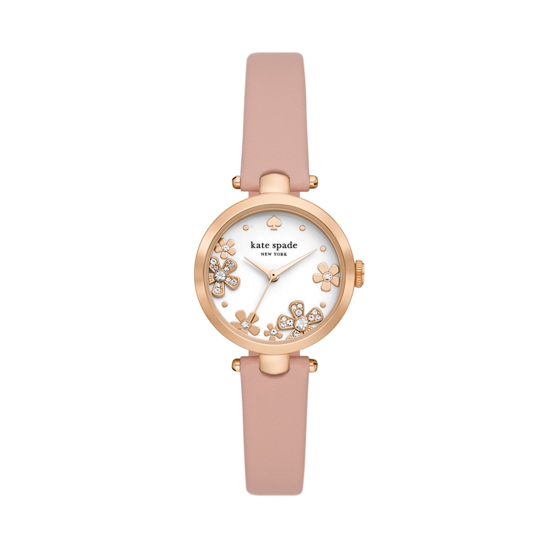 Ladies' Kate Spade Holland Crystal Accent Flower Rose-Tone IP Leather Strap Watch with White Dial (Model: KSW1825)