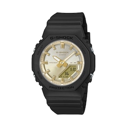 Ladies’ Casio G-Shock Black Resin Analog Digital Watch with Silver- to Gold-Tone Dial (Model: GMAP2100SG1A)