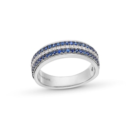 Vera Wang Love Collection Men’s 1/4 CT. T.W. Diamond and Blue Sapphire Tripe Row Wedding Band in 14K White Gold