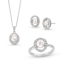 Freshwater Cultured Pearl and White Lab-Created Sapphire Oval Frame Pendant, Ring and Earrings Set in Sterling Silver