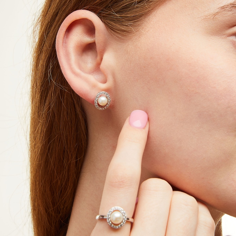 Main Image 3 of Freshwater Cultured Pearl and White Lab-Created Sapphire Oval Frame Pendant, Ring and Earrings Set in Sterling Silver