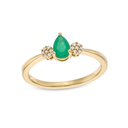 Pear-Shaped Emerald and 1/20 CT. T.W. Diamond Flower Cluster Ring in 10K Gold