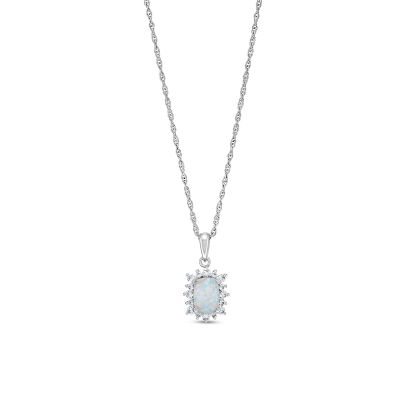 Main Image 1 of Cushion-Cut Lab-Created Opal and White Lab-Created Sapphire Sunburst Frame Pendant in Sterling Silver