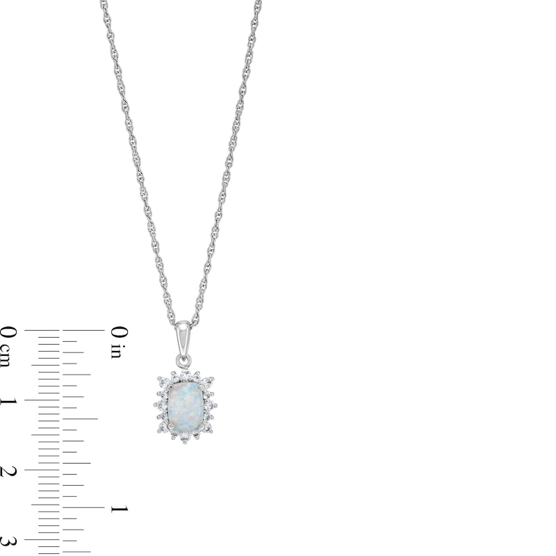 Main Image 3 of Cushion-Cut Lab-Created Opal and White Lab-Created Sapphire Sunburst Frame Pendant in Sterling Silver